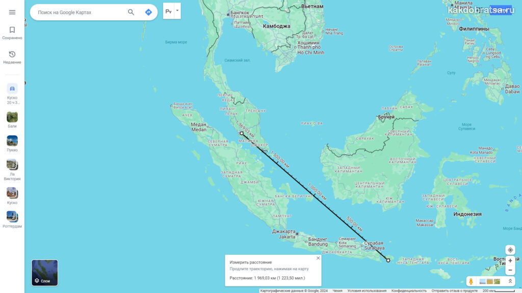 Расстояние Куала-Лумпур Бали по карте